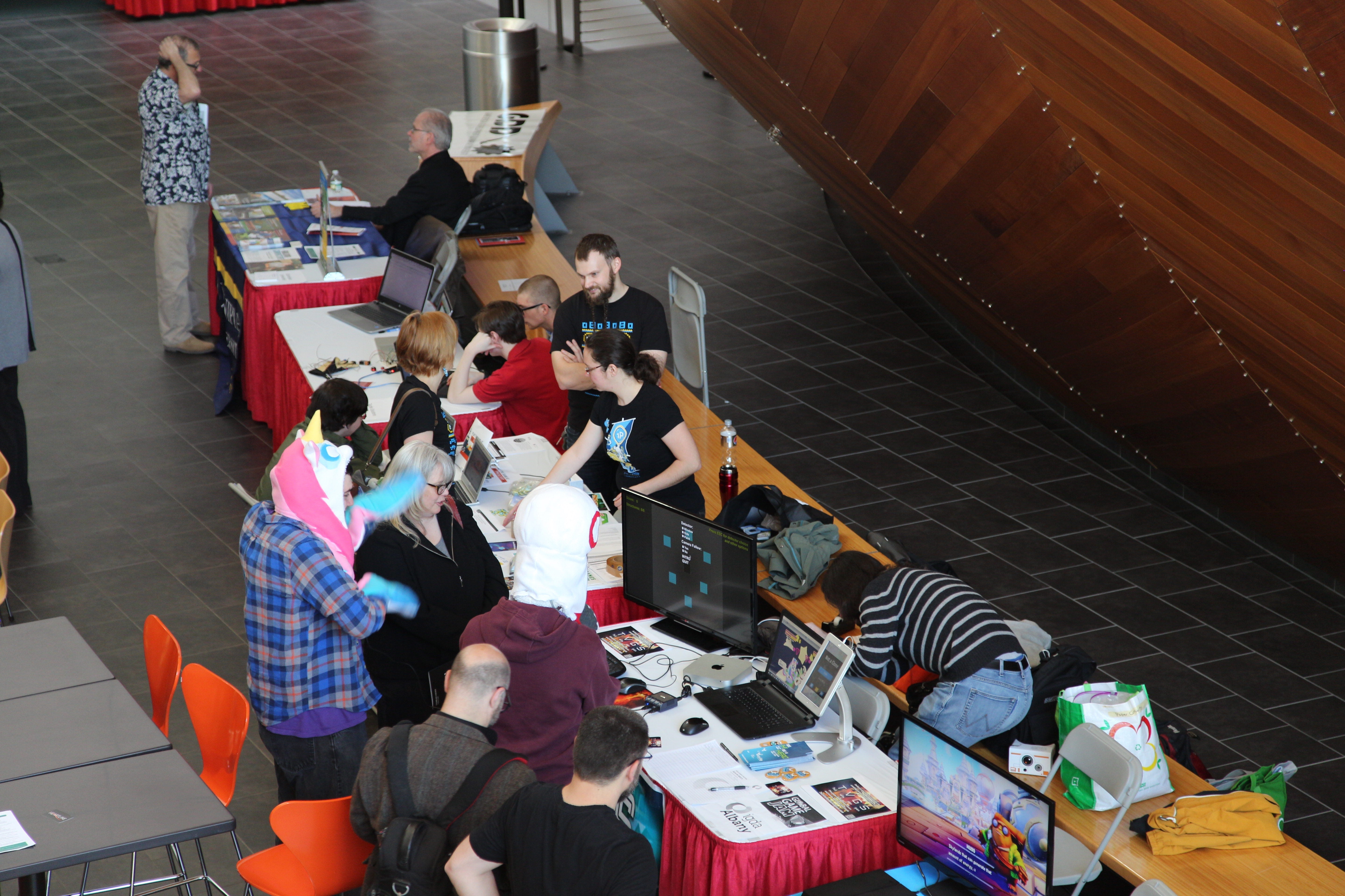 Looking down at a row of tables at EMPAC during GameFest 2016.