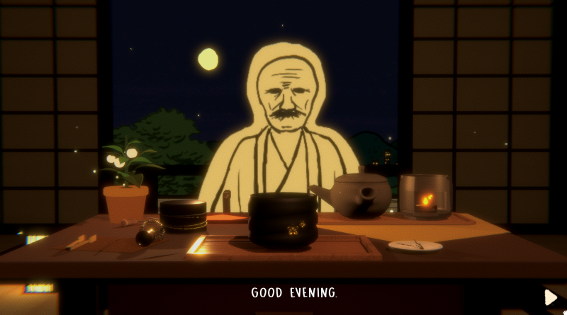 Paper sensei ghost at a tea table in AfterLife Tea House. 