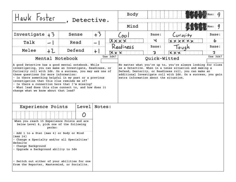 Sample character sheet from Case Files.