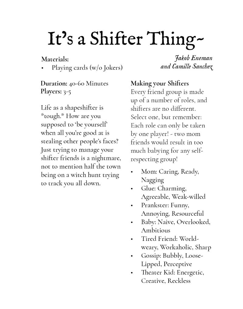 Summary of It's a Shifter Thing~ noting 40-60min duration, 3-5 players, and basic rules.