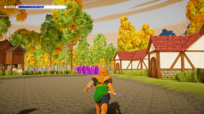 Third-person view of main character with sword running through village in The Shattering Swords.