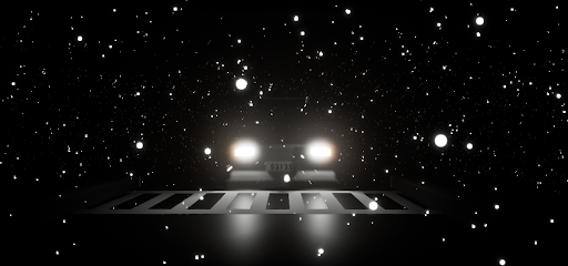 Screenshot of car headlights in space-like darkness.
