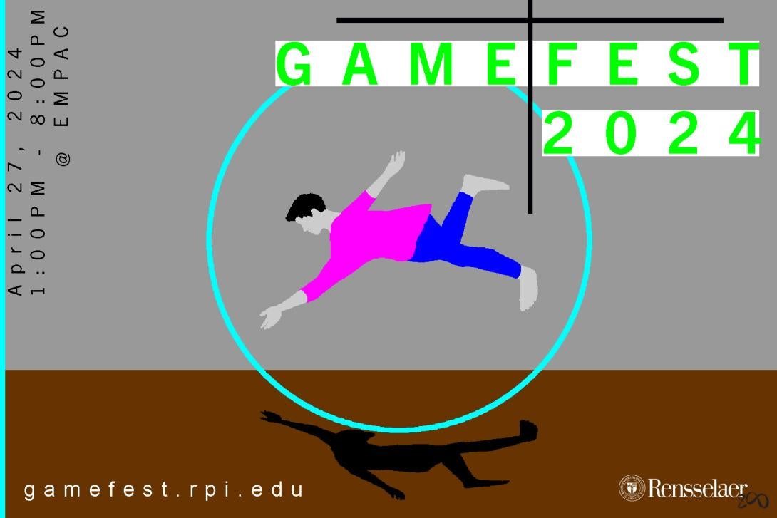 Poster for Gamefest 2024 depicting a digital human figure wearing a pink shirt and blue pants, suspended in a blue circle.