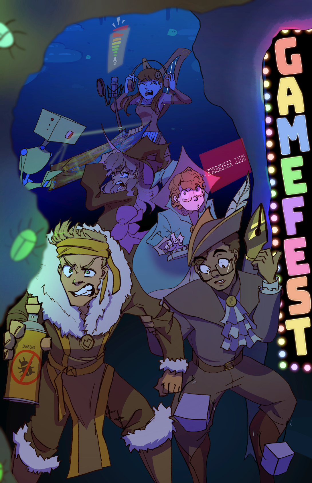 Colorful banner advertising GameFest depicting delightful game-development-themed characters